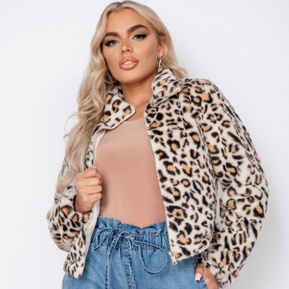 Leopard Print Animal Print Faux Fur Long Sleeve Collared Bomber Jacket - Picture 7 of 9